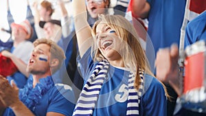Sport Stadium Big Event: Beautiful Cheering Girl. Crowd of Fans with Painted Faces Cheer, Shout for