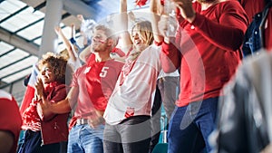 Sport Stadium Big Event: Crowd of Fans Cheer for Red Soccer Team to Win. People Celebrate Scoring a