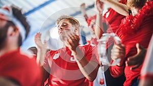 Sport Stadium Big Event: Intense Caucasian Man Cheering, Whistling. Crowd of Fans with Painted Faces