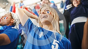 Sport Stadium Big Event: Portrait of Beautiful Sports Fan Girl with French Flag Painted Face