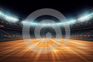 Sport stadium with grandstands full of fans, shining night lights and wooden deck. Digital 3D illustration of sport stadium for