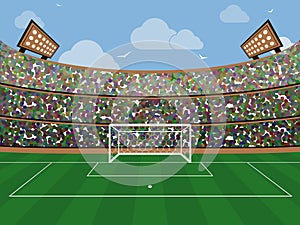 Sport stadium with soccer goal net, green grass, tribunes, fans and blue sky with cloud. Footbal arena. Flat style banner.