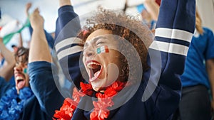 Sport Stadium Soccer Match: Portrait of Beautiful Bi Racial Fan Girl with Italian Flag Painted Face