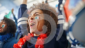 Sport Stadium Soccer Match: Portrait of Beautiful Bi Racial Fan Girl with Italian Flag Painted Face