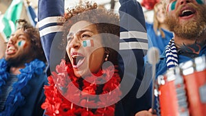 Sport Stadium Soccer Match: Portrait of Beautiful Bi Racial Fan Girl with Italian Flag Painted Face