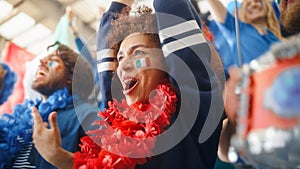 Sport Stadium Soccer Match: Portrait of Beautiful Bi Racial Fan Girl with Italian Flag Painted Face