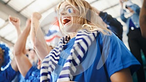 Sport Stadium Soccer Match: Portrait of Beautiful Caucasian Fan Girl with French Flag Painted Face
