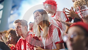 Sport Stadium Sport Event: Beautiful Cheering Girl. Crowd of Fans with Painted Faces Cheer, Shout