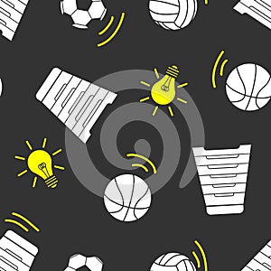 Sport stuff and light bulbs on gray background.