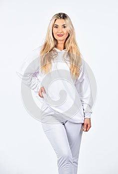 Sport style. Feel so sporty. Fitness woman wear sportswear. Impeccable style. Street fashion. Girl in sweatpants and photo