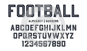 Sport style font. Football style font with lines inside. Athletic style letters and numbers for football kit