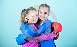 Sport success. Friendship. workout of small girls boxer in sportswear. punching knockout. Fitness diet. energy health