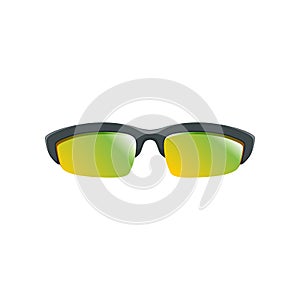 Sport sunglasses with yellow-green polarized lenses and black half frame. Flat vector icon of protective eyeglasses