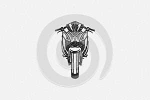 Sport superbike motorcycle silhouette front view hand drawn ink stamp vector illustration.