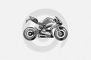 Sport superbike motorcycle silhouette side view hand drawn ink stamp vector illustration.