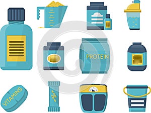 Sport supplements flat blue icons