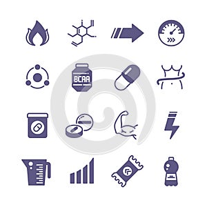 Sport supplements power, protein and vitamin sports nutrition vector icons