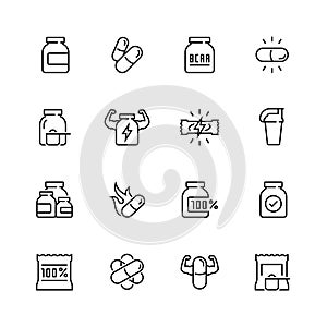 Sport supplements related icons in thin line style