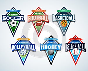 Sport team logo emblems, badge, t-shirt apparel design templates set. Soccer, American football, Basketball, Volleyball, Baseball