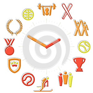 Sport time. Activities icons in a watch sphere with hours.