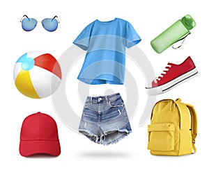 Sport touristic summer items,objects isolated on white set.Clothes and accessories.Outfit