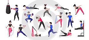 Sport training. Cartoon male and female characters doing sport exercises and healthy activities. Vector fitness and