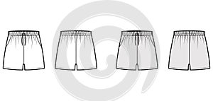 Sport training shorts technical fashion illustration with elastic low waist, rise, drawstrings, Relaxed fit micro length