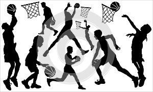 Sport training silhouettes and basketball vector set of players