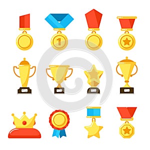 Sport trophy award, gold championship goblet and awarding reward cup. Golden awards at rewards ceremony vector icons set