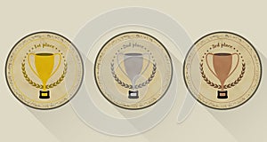 Sport trophy icons in retro style for the first place, second place and third place with laurel wreath and stars. Gold, sil