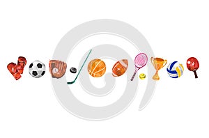 Sport vector colorful illustration background. Sports equipment inventory. Healthy lifestyle tools.