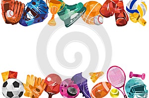 Sport vector colorful illustration background. Sports equipment inventory. Healthy lifestyle tools.