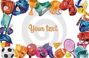 Sport vector colorful illustration background. Sports equipment inventory. Healthy lifestyle tools.