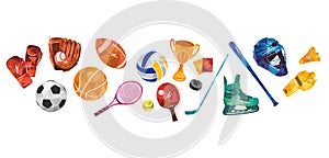 Sport vector colorful illustration background. Sports equipment inventory. Healthy lifestyle tools.