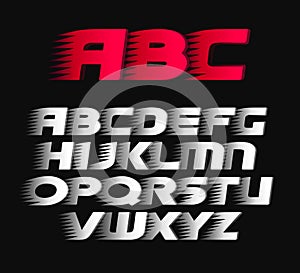 Sport vector font. Alphabet bold italics letters, white and red symbols.