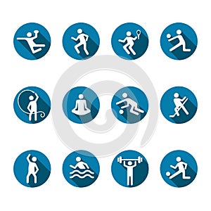 Sport vector icons set, flat fitness logo, emblem of the team and singles games. White badges athlete in a round blue frame with s