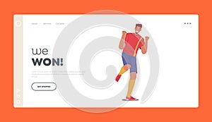 Sport Victory Concept for Landing Page Template. Happy Man Soccer Player Celebrate Win After Goal Show Winner Gesture