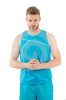 Sport is the way of his life. Man sporty outfit looks serious and strict white background. Guy muscular body live