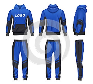 Sport wear. Casual clothes hoodie and pants for active people decent vector fashioned design templates in realistic