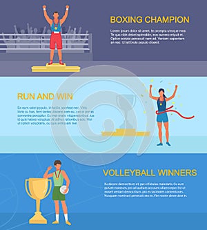 sport winners banners. champion awards victories cups and medals for sport competition. Vector templates with place for