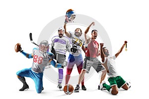 Sport winners. Sport collage of professional athletes. Football, hockey, basketball, soccer. Sport emotion