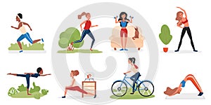 Sport woman activity set, young character doing fitness workout with dumbbells, yoga