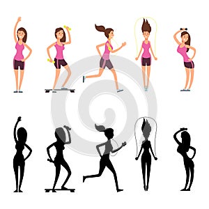 Sport woman characters. Vector female fitness silhouettes isolated on white background