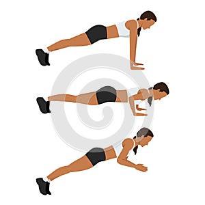 Sport woman doing exercise with Clapping Push Up posture start with plank and end with a clap in midair. Workout poses for cardio
