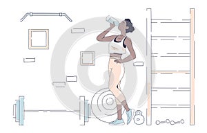Sport woman drink water vector doodle