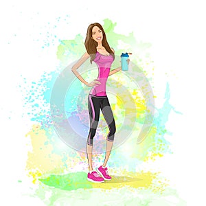 Sport woman hold shaker drink fitness trainer, hot