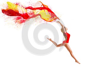 Sport Woman Jumping with Flying Cloth, Happy Gymnast Girl with Fluttering Fabric, Gymnastics