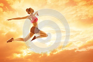 Sport Woman Running, Athlete Girl Jump, Happy Fitness Concept