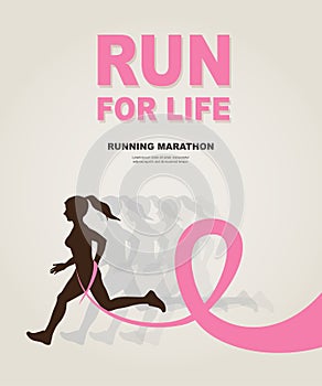 Sport Woman with Running Pink Ribbon, Breast Cancer Awareness.