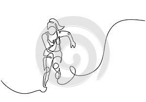 Sport woman running, speed power continuous line art drawing, one hand drawn minimalist vector illustration